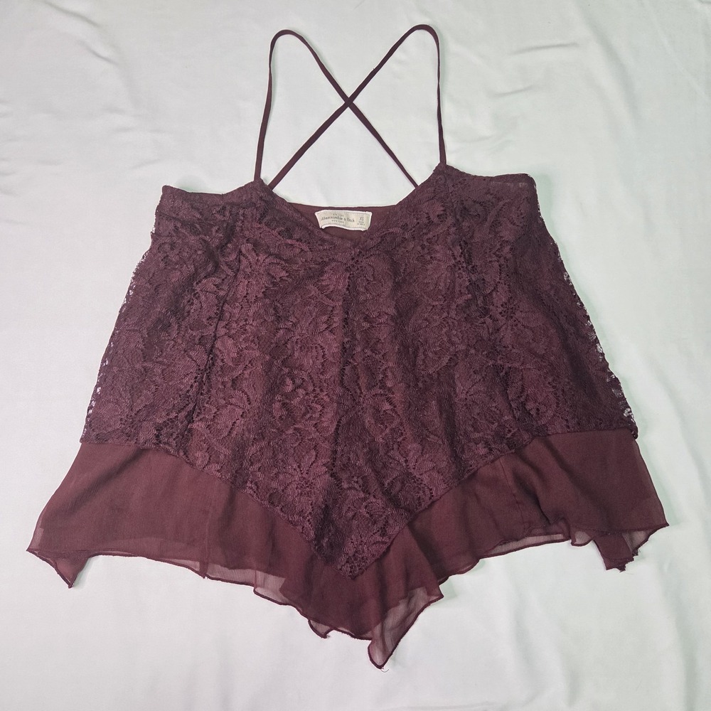 Abercrombie and Fitch Vtg Women's Burgundy Lace Layered Asymmetric Cami Tank y2k